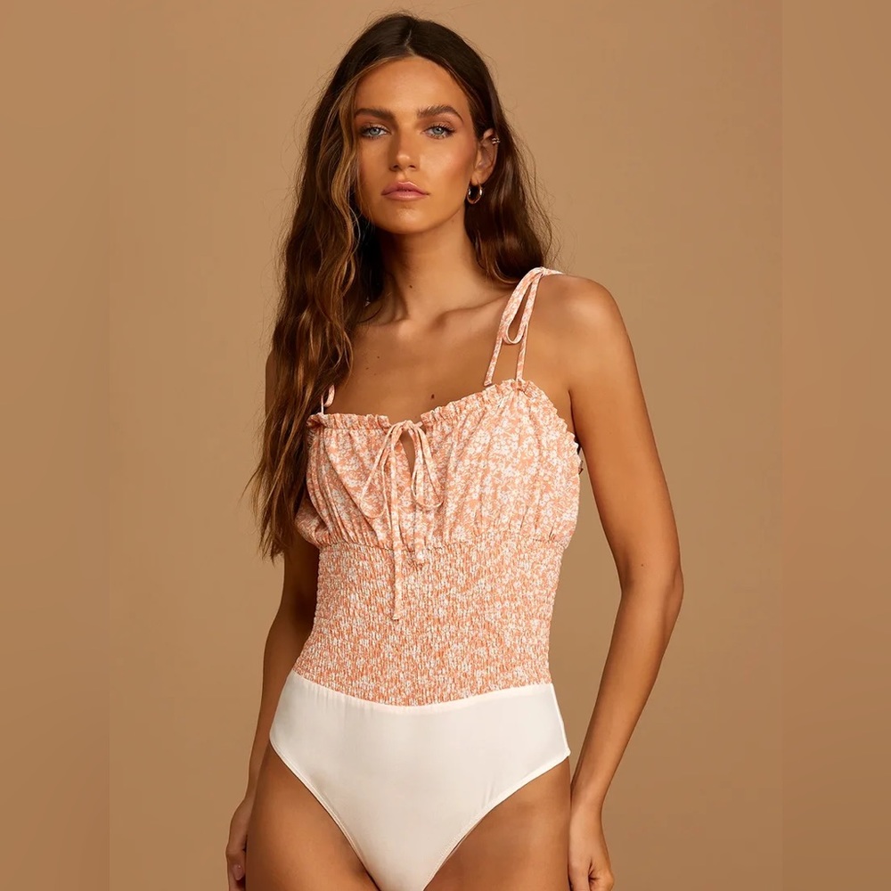 Peach Floral Print Smocked Tie-Strap Bodysuit NWT